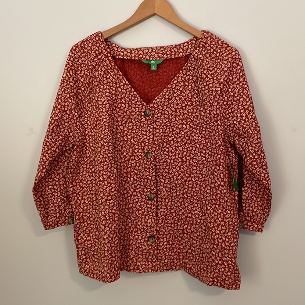 NWT dip In Bloom 3/4 Sleeve Floral V-Neck Button Down Shirt Size Large